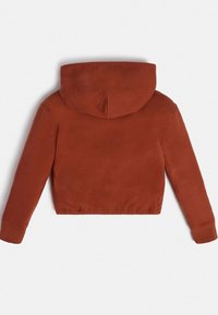 Hoodie cropped in arancione bruciato, realizzato in tessuto morbido. Caratterizzato da un cappuccio con coulisse e polsini a costine, con una texture liscia e un design minimalista.