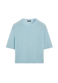 Maglia leggera a maniche corte di colore azzurro chiaro con vestibilità rilassata, caratterizzata da bordi a coste e spalle senza cuciture. Texture morbida e aspetto casual.