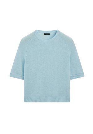 Maglia leggera a maniche corte di colore azzurro chiaro con vestibilità rilassata, caratterizzata da bordi a coste e spalle senza cuciture. Texture morbida e aspetto casual.