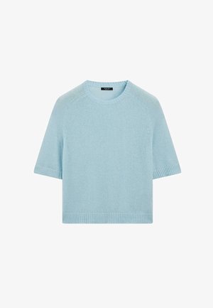 Maglia leggera a maniche corte di colore azzurro chiaro con vestibilità rilassata, caratterizzata da bordi a coste e spalle senza cuciture. Texture morbida e aspetto casual.