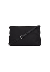 Borsa a tracolla nera realizzata in tessuto liscio, con forma rettangolare piatta, tracolla in pelle regolabile con fibbia e senza motivi visibili.