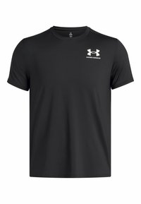 Musta Under Armour lyhythihainen urheilupaita, jossa on pyöreä pääntie ja valkoinen logo vasemmassa ylärinnassa valkoista taustaa vasten.