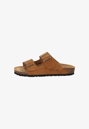 Sandalo in camoscio marrone con due cinturini regolabili con fibbie e suola in sughero, marchiato "Goldstar" sul lato e sulle fibbie.