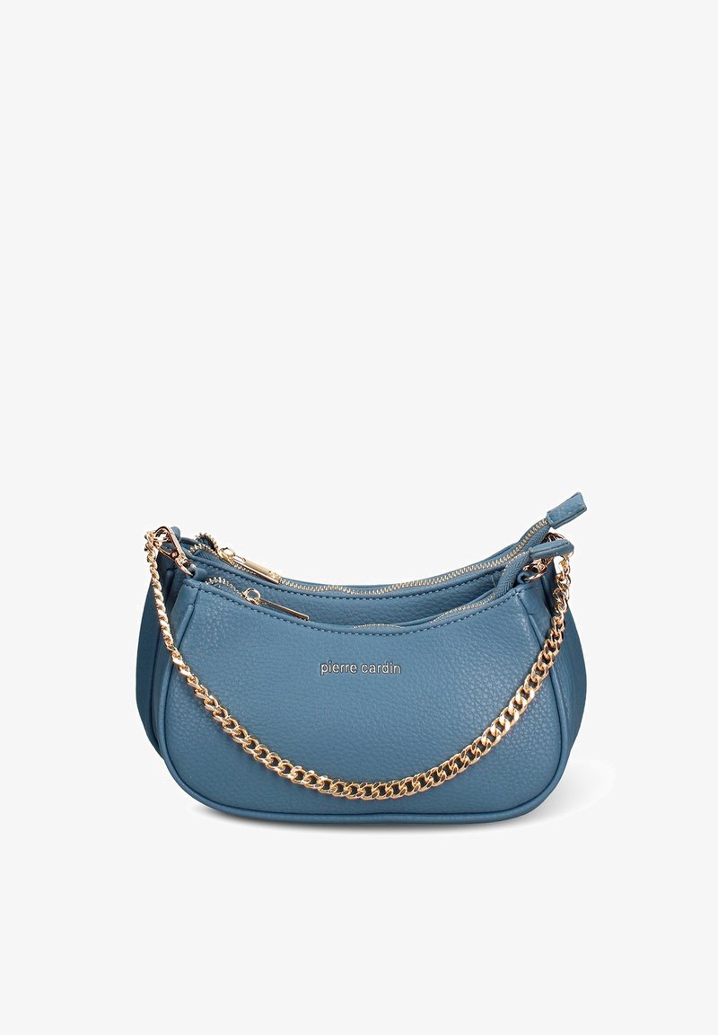 Borsa a tracolla in pelle turchese con forma arrotondata, cinturino a catena dorata, doppia chiusura con zip e logo "Pierre Cardin" impresso sul davanti.