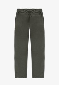 Donkergroene, lichte broek met een elastische tailleband, rechte pijpen en een enkele achterzak met een klein logotag.