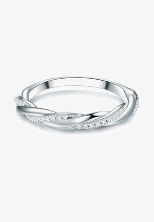 Srebrna uvrnuta prsten sa ugradnjom sjajnih kamenčića, glatke teksture i elegantnog dizajna s složenim detaljima s jedne strane.