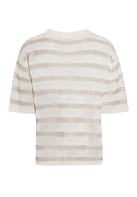 Kurzärmliges Strickoberteil in Creme mit metallischen silbernen Streifen. Hat eine lockere Passform und eine strukturierte Oberfläche. Rippdetails am Halsausschnitt und Saum.
