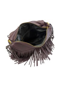 Borsa a mano in pelle color malva scuro con dettagli in frange, cerniera dorata e fodera interna in tessuto nero. Include tasche interne per l'organizzazione.