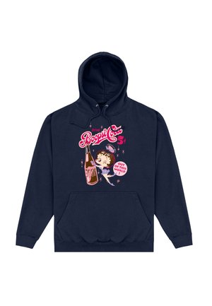 Marineblaue Kapuzenjacke mit einer Fronttasche. Sie zeigt ein Grafikmotiv einer Limonadenflasche und einer Figur, mit rosa und weißen Schriftzügen "Drink Boopsie" und "Out of this world!"