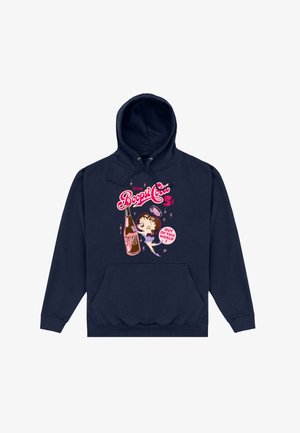 Navyblauwe hoodie met een voorzak. Heeft een afbeelding van een frisdrankfles en een karakter, met tekst in roze en wit die zegt "Drink Boopsie" en "Buitenaards!"