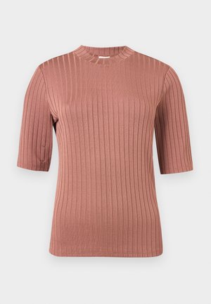 Haut à manches courtes rose poussiéreux à côtes avec col montant, silhouette ajustée et texture tricotée verticale.