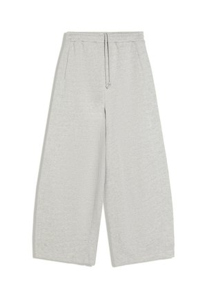 Pantalon de survêtement gris clair à jambes larges avec taille élastique et cordon, avec deux poches latérales.