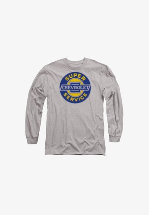 Langärmliges graues T-Shirt mit einem kreisförmigen blauen und gelben "Super Chevrolet Service"-Grafik auf der Vorderseite. Baumwollmaterial, lockere Passform.