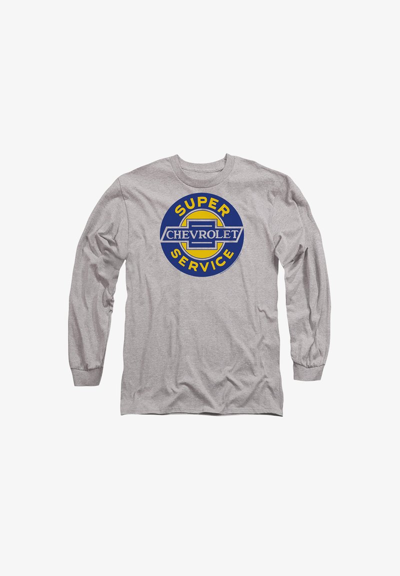 Long-sleeve gray T-shirt featuring a circular blue and yellow "Super Chevrolet Service" graphic on the front. Cotton material, relaxed fit.