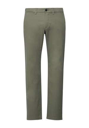 Olive green straight-leg pants with button and zipper closure, front slant pockets, and belt loops.