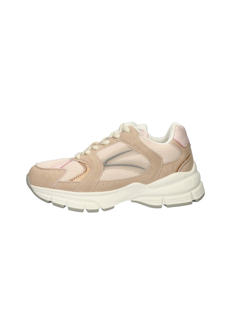 Sneakers met een beige suède en mesh bovenkant, roze accenten, rubberen zool en laag ontwerp. Voorzien van vetersluiting en zachte kraag.