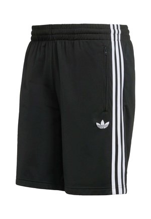 Black athletic shorts made of lightweight fabric, featuring three white stripes on each side and an embroidered logo near the hem.