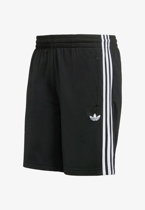 Crne sportske kratke hlače od laganog materijala, s tri bijele pruge sa svake strane i izvezenim logotipom blizu ruba.