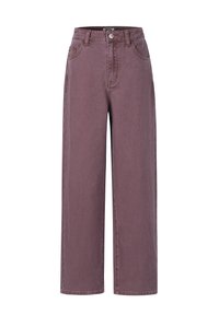 Jeans taille haute à jambe droite en mauve délavé avec bouton à l'avant, passants de ceinture et poches à l'avant et sur les côtés.