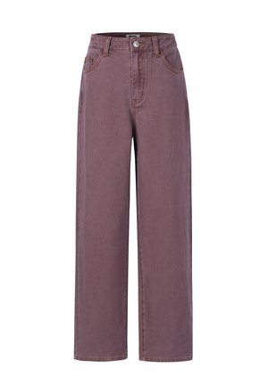 Hoge taille rechte jeans in vervagend mauve met een geweldige knoop, ri loops en zakken aan de voorkant en zijkanten.