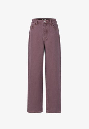 High-waisted straight-leg jeans in faded mauve with front button, belt loops, and pockets on front and sides.