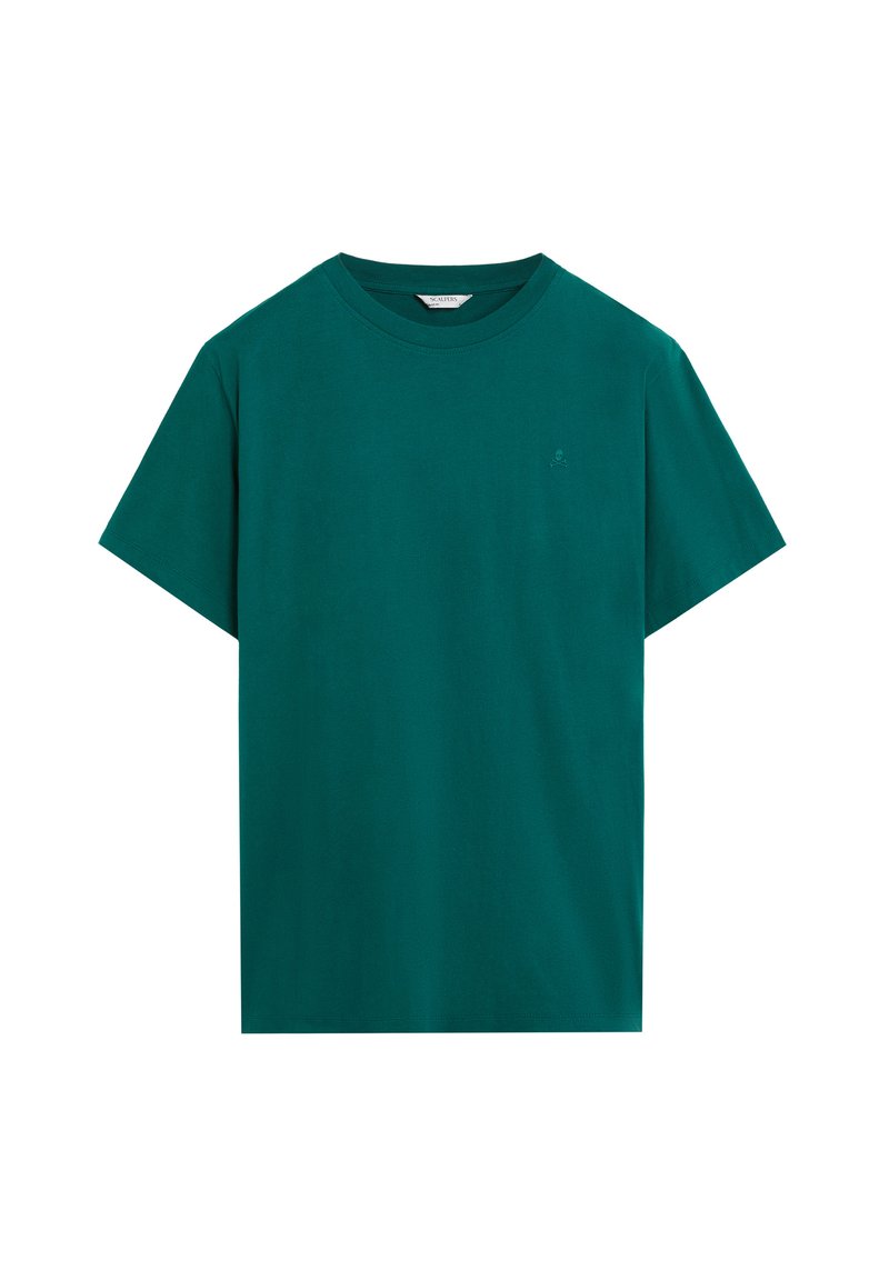 Camiseta de manga corta en verde azulado con cuello redondo y un pequeño logo sutil en el lado izquierdo del pecho, presentada sobre un fondo blanco.