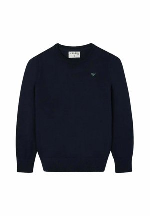 Jersey azul marino de manga larga con cuello redondo, puños y bajo acanalados, con un pequeño logo bordado en azul claro en el pecho.