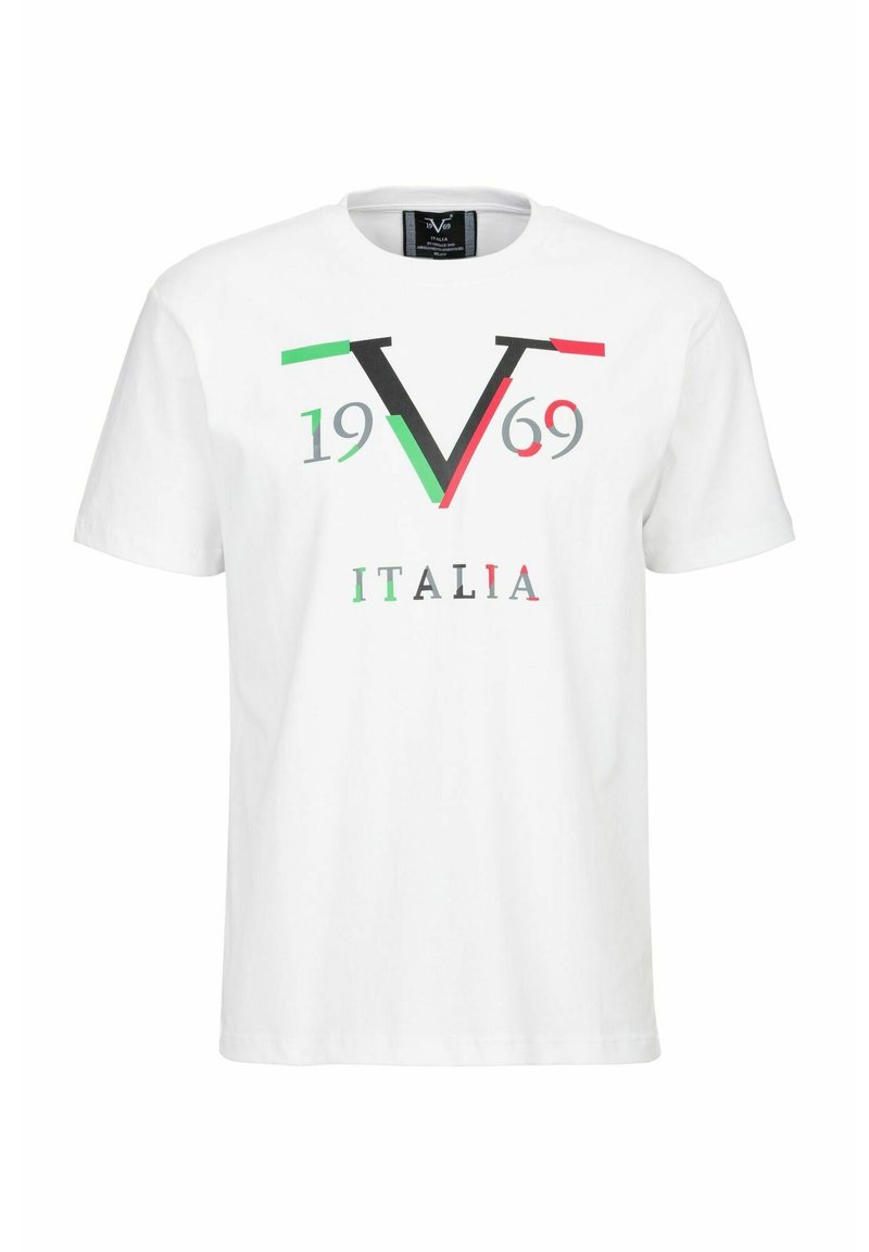Weißes Baumwoll-T-Shirt mit einem Grafikdesign, das ein großes grünes und rotes "V", das Jahr "1969" und "ITALIA" in grauer Schrift zeigt.