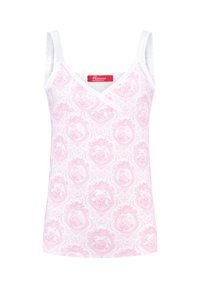 Helles rosa Trägertop mit weißer Spitzenborte, das ein komplexes florales Muster und ovale Designs aufweist. Rotes Markenetikett am Ausschnitt.