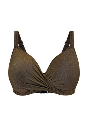 Bruin, gestructureerd bikinitopje met een wikkelontwerp, verstelbare bandjes en een sluiting aan de voorkant. Glad materiaal, geschikt voor zwemkleding.