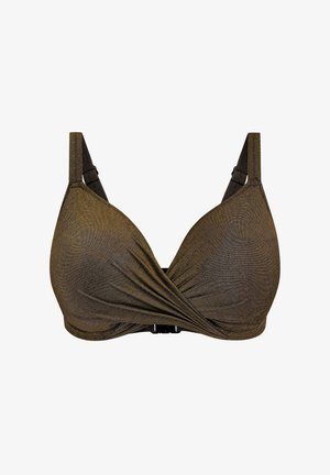 Bruin, gestructureerd bikinitopje met een wikkelontwerp, verstelbare bandjes en een sluiting aan de voorkant. Glad materiaal, geschikt voor zwemkleding.