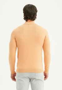 Pull long des manches orange clair avec un col rond, des poignets et un ourlet côtelés. Présente une texture lisse et une coupe ajustée.