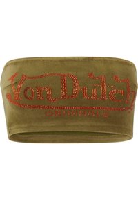 Olijfgroene stretch katoenen haarband met een 'Von Dutch Originals' logo in rode strassstenen, gladde textuur en naadloos design.
