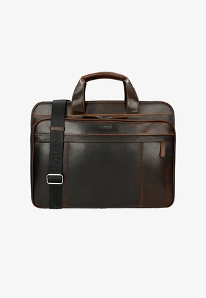 Brązowa skórzana teczka o fakturowanym wykończeniu, z podwójnymi uchwytami i odpinanym paskiem na ramię, z akcentowanym przeszyciem i przednią kieszenią.