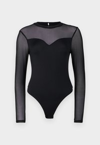 Svart langermet bodysuit med gjennomsiktig mesh yoke og solid kropp, med en flatterende V-formet halslinje og høyt skårne ben.