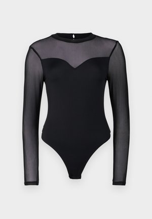 Schwarzer, langärmeliger Bodysuit mit transparentem Mesh-Einsatz und solidem Körper, einem schmeichelhaften, V-förmigen Ausschnitt und hoch geschnittenen Beinen.