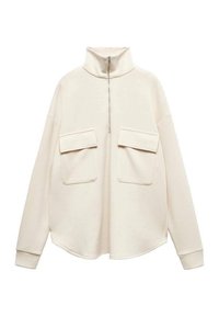 Jersey de color beige claro con cuello alto, cierre de cremallera, dos bolsillos delanteros y puños acanalados. Tejido suave con un ajuste holgado y dobladillo redondeado.