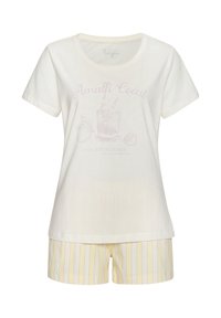 Kurzärmliges T-Shirt in Creme mit lila Grafikdruck, kombiniert mit gelb-weißen gestreiften Shorts aus weichem, leichtem Stoff.