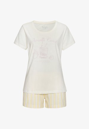 Korte mouwen crèmekleurig T-shirt met paarse grafische print, gecombineerd met gele en witte gestreepte shorts, gemaakt van zachte, lichte stof.