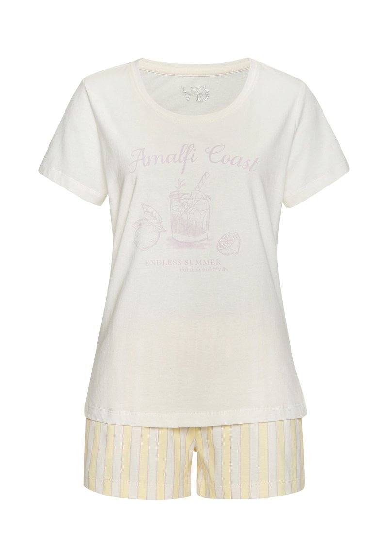 Kurzärmliges T-Shirt in Creme mit lila Grafikdruck, kombiniert mit gelb-weißen gestreiften Shorts aus weichem, leichtem Stoff.