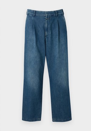 Blue denim trousers with a straight-leg design, featuring a high waist, front pleats, and a classic button closure. Smooth texture.