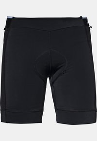 Pantalones cortos de ciclismo negros hechos de tela elástica, con área de asiento acolchada, costuras planas y paneles laterales de malla para mayor transpirabilidad.