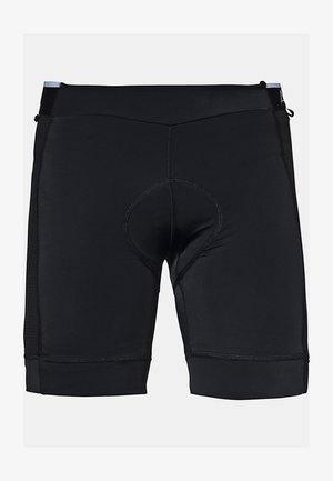 Black cycling shorts made of stretch fabric, featuring a padded seat area, flatlock seams, and mesh side panels for breathability.