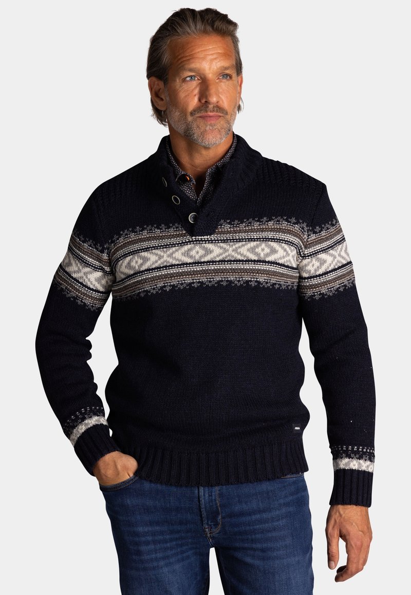 Marine breien trui met een hoge kraag en knopen. Bevat lichtgrijze en beige gestreepte patronen. Geribbelde zoom en manchetten. Gestructureerde stof.