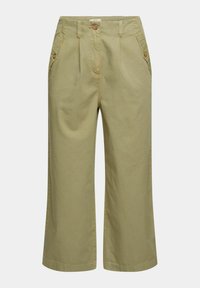 Light green, cropped pants made of cotton, featuring front pleats, two side pockets, and button accents on the waistband.