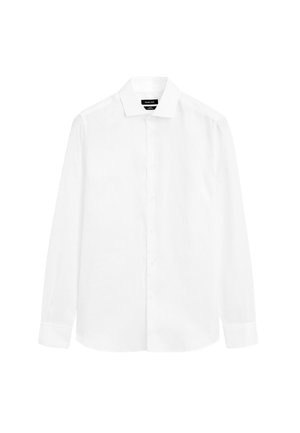 Chemise blanche à manches longues avec un devant à boutons et un col classique ; réalisée en tissu léger et lisse ; présente des poignets piqués.