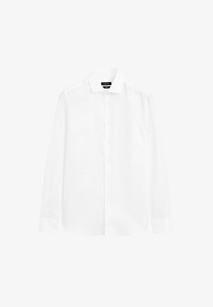 White long-sleeve dress shirt with a button-up front and classic collar; made of smooth, lightweight fabric; features stitched cuffs.