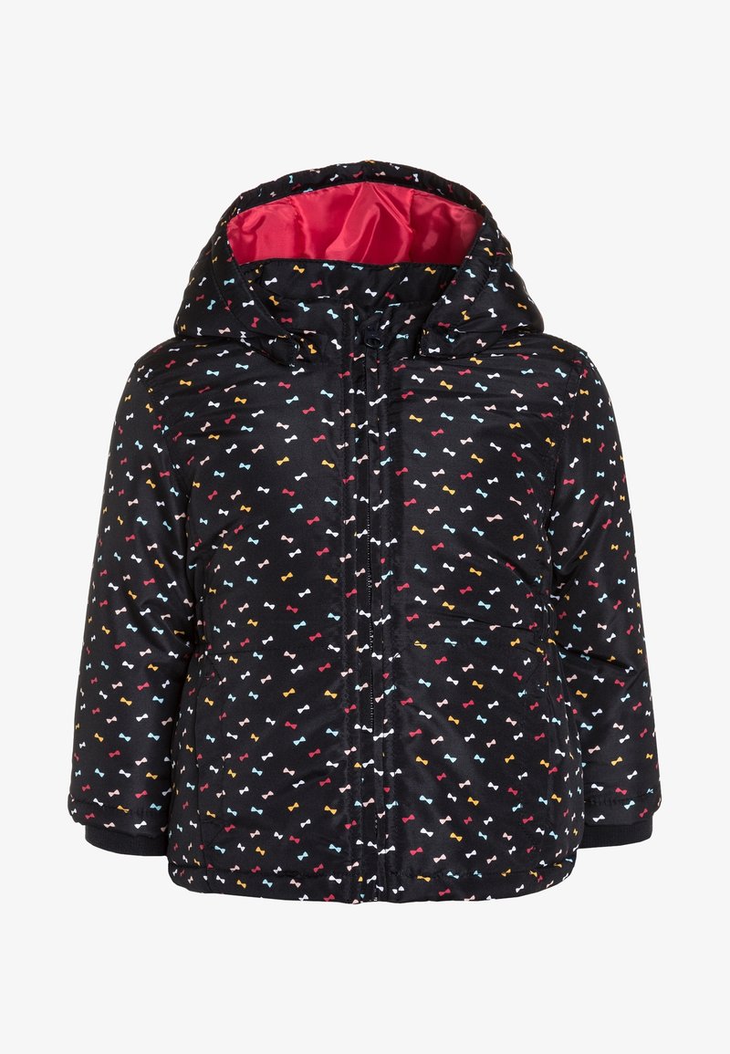 Doudoune noire avec doublure intérieure rose, ornée d'un motif de nœuds multicolores, avec fermeture éclair sur le devant, capuche et poignets élastiques.