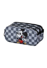 Estuche de lápices de Mickey Mouse con un diseño de tela gris a cuadros. Presenta tres compartimentos con cremalleras y un diseño de personaje impreso colorido.
