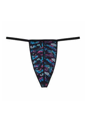 Schwarze Tangas mit einem bunten, abstrakten Muster in Blau, Lila und Weiß. Dünne Träger und eine glatte Stofftextur.